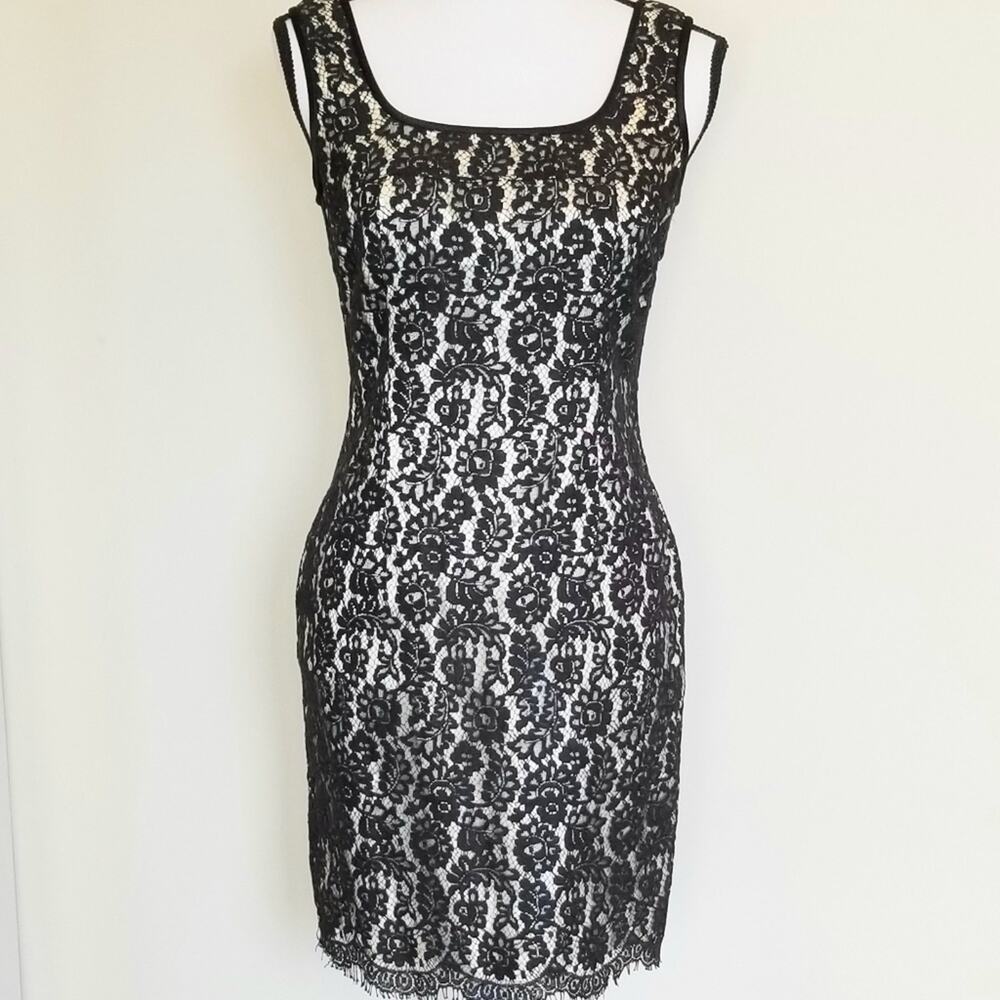 Donna Ricco Black Lace Ivory Slip Scalloped Hem Cocktail Dress 4P
